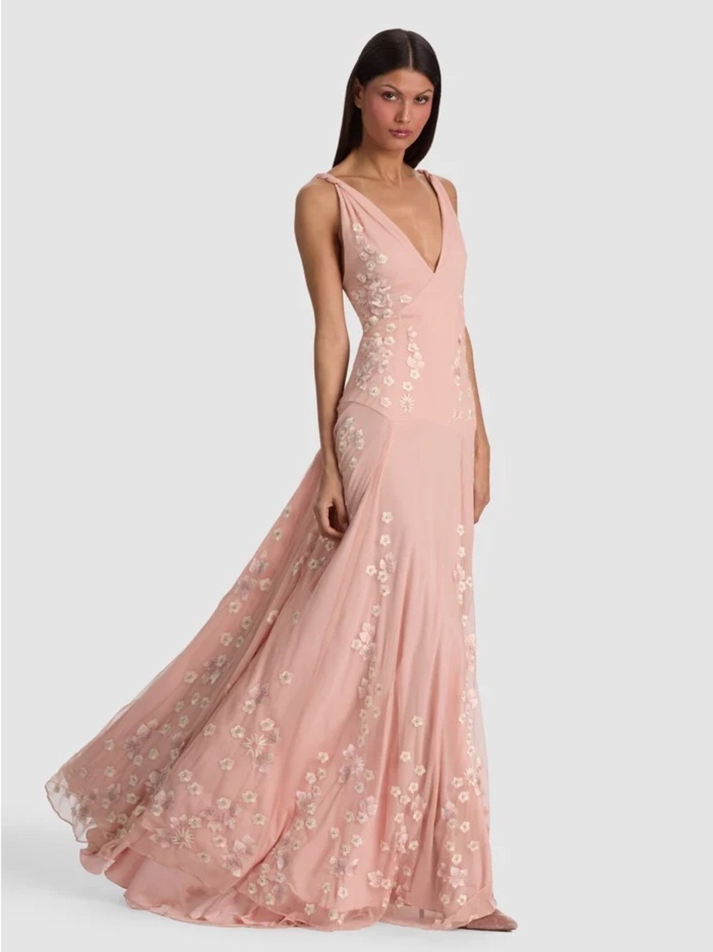 Alice + Olivia Dusty Rose V-Neck Embroidered Maxi Gown